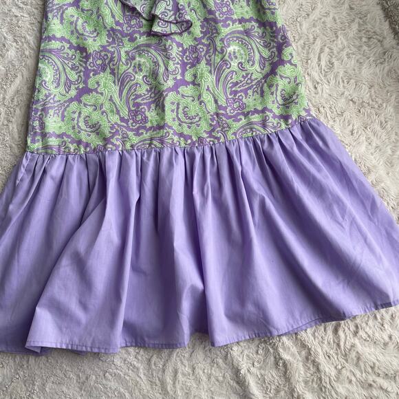 Vintage 60s ruffle front paisley print drop waist midi dress lilac purple green - Picture 6 of 15